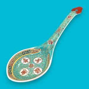Vintage Chinese Mun Shou Porcelain Serving / Soup Spoon – Longevity Pattern